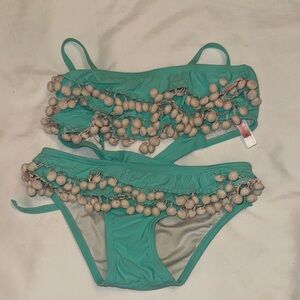 Pilyq Aqua Bikini with Pom Pom Trim